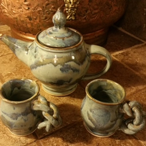 Wheel Thrown Tea Set with 4 Tea Cups - Blue-Gray